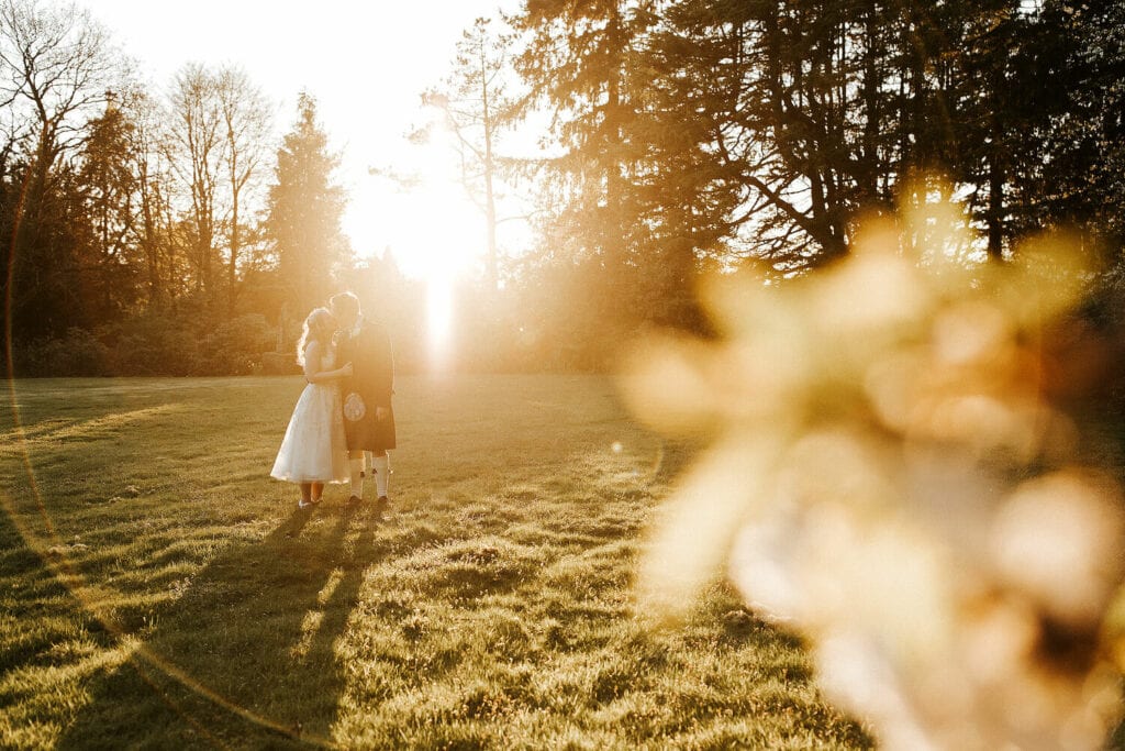 sunset outside friars carse wedding venue